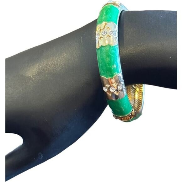 Vintage Green Enamel & Gold Tone Hinged Bangle Bracelet With Rhinestone Floral D - Picture 3 of 7